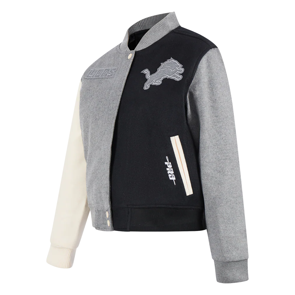 NFL DETROIT LIONS REVERSE FRENCH TERRY WOMEN'S WOOL VARSITY JACKET (BLACK/GRAY/EGGSHELL) - Image 2
