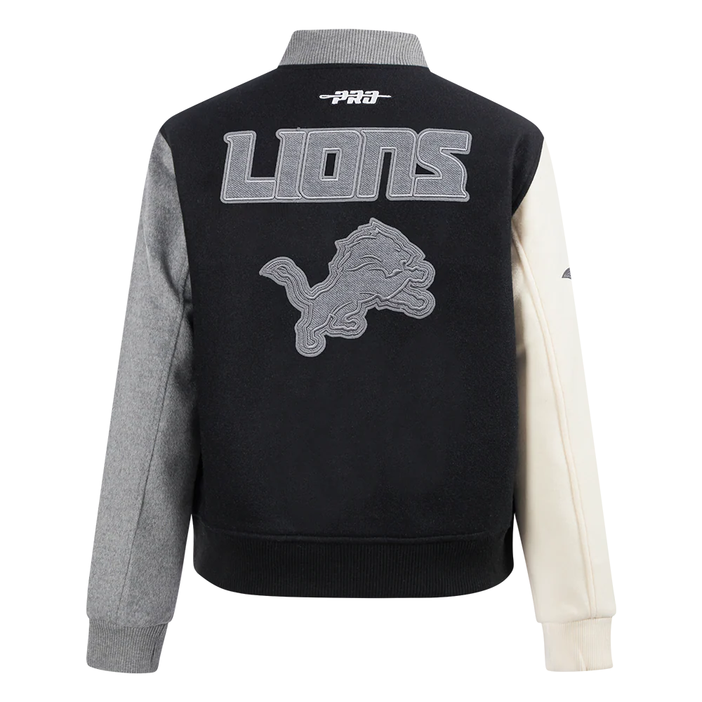 NFL DETROIT LIONS REVERSE FRENCH TERRY WOMEN'S WOOL VARSITY JACKET (BLACK/GRAY/EGGSHELL) - Image 3