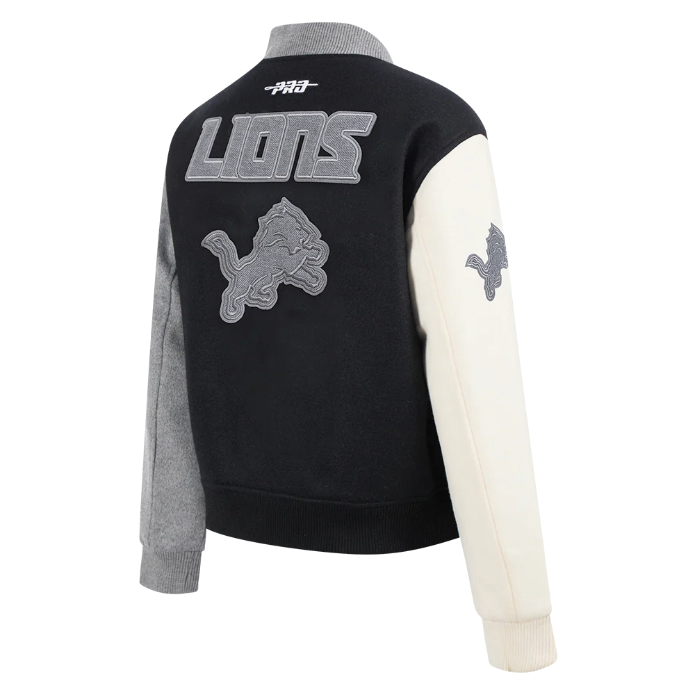NFL DETROIT LIONS REVERSE FRENCH TERRY WOMEN'S WOOL VARSITY JACKET (BLACK/GRAY/EGGSHELL) - Image 4