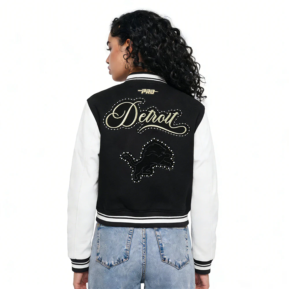 NFL DETROIT LIONS RENEGADE WOMEN'S RIB CROPPED WOOL VARSITY JACKET (BLACK/WHITE) - Image 2
