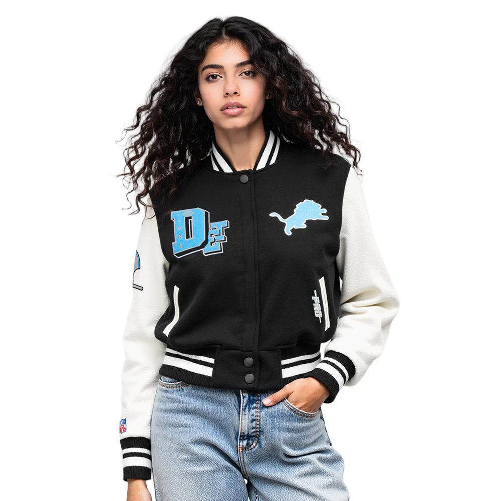 NFL DETROIT LIONS BEST OF WOMEN'S CROPPED RIB WOOL VARSITY JACKET (BLACK/WHITE) - Image 10