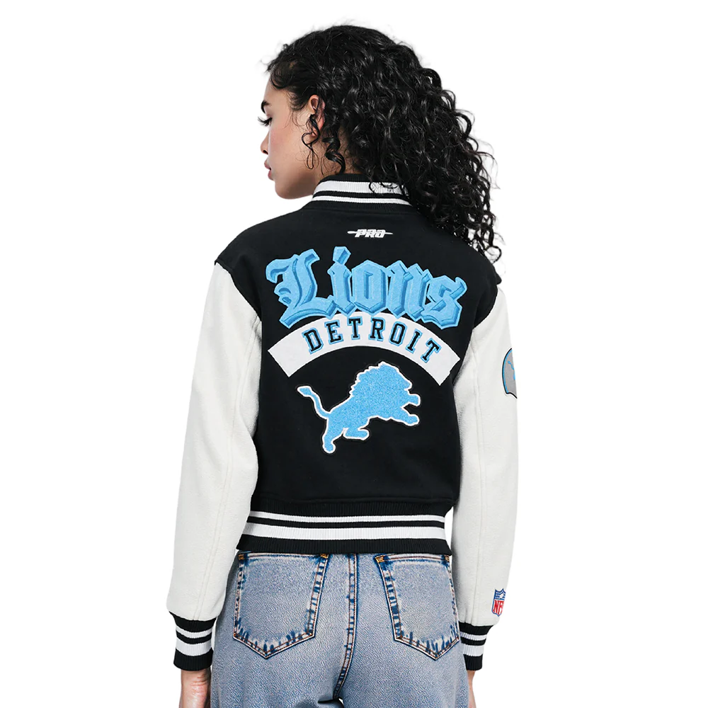 NFL DETROIT LIONS BEST OF WOMEN'S CROPPED RIB WOOL VARSITY JACKET (BLACK/WHITE) - Image 11