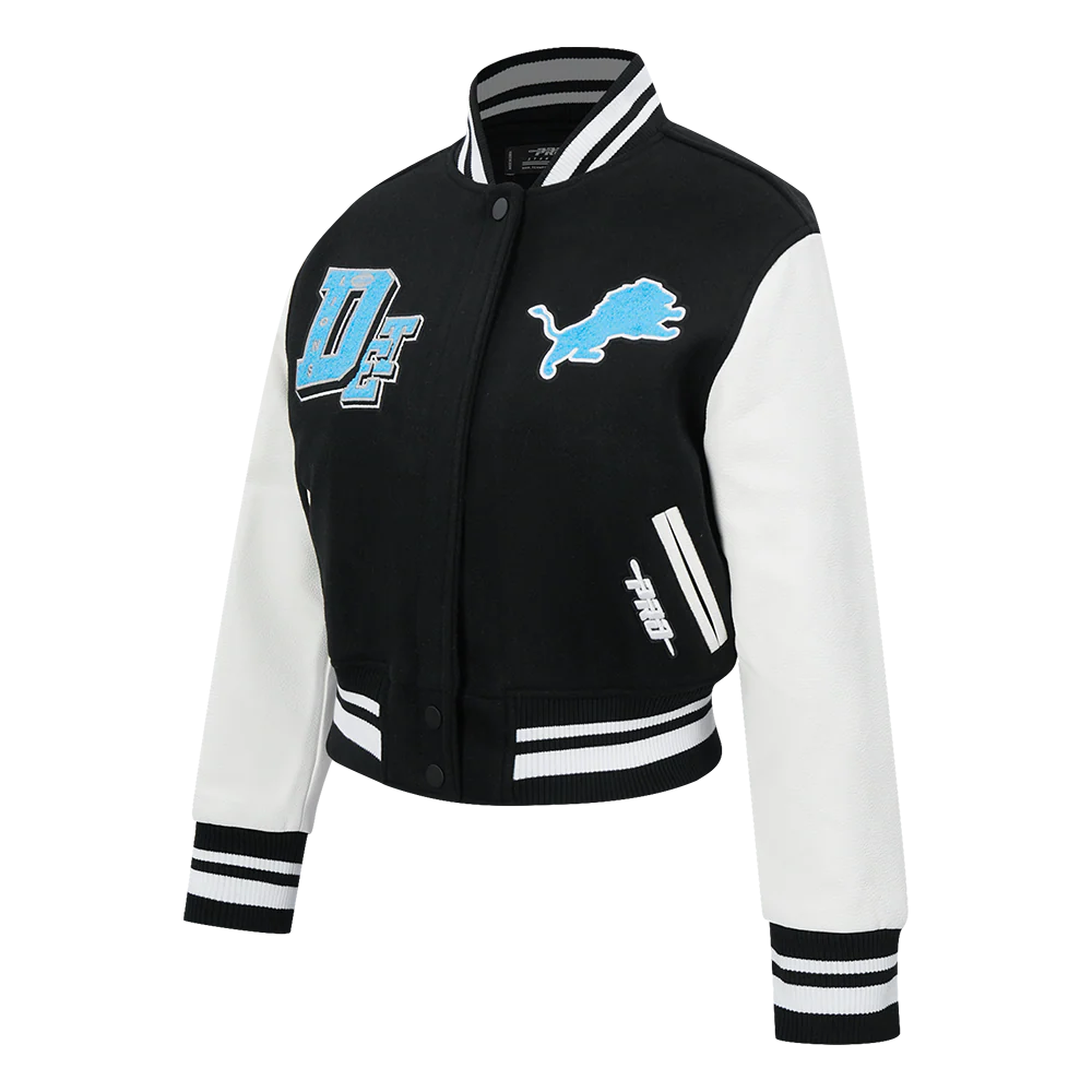 NFL DETROIT LIONS BEST OF WOMEN'S CROPPED RIB WOOL VARSITY JACKET (BLACK/WHITE) - Image 3