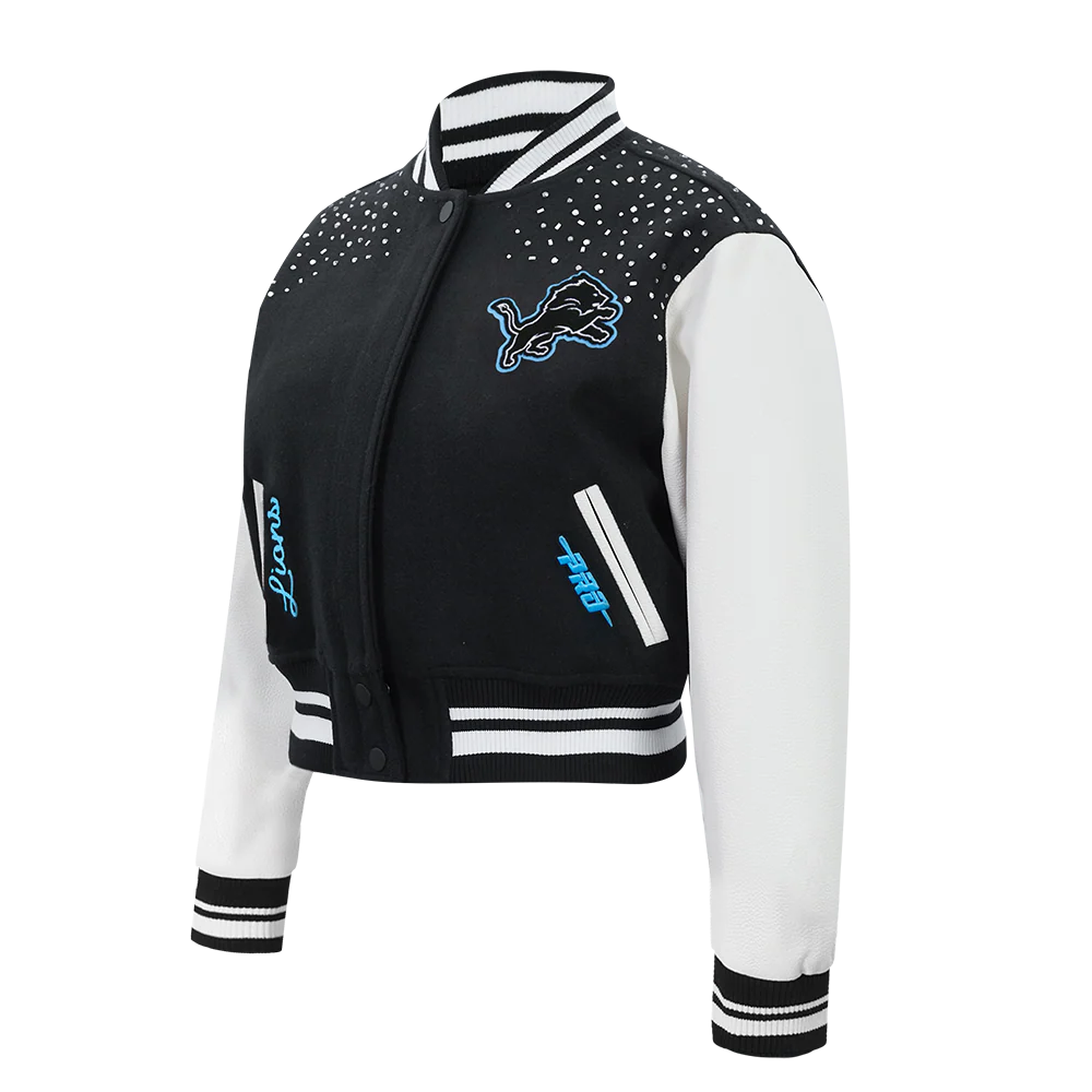 NFL DETROIT LIONS LEGACY WOMEN'S CROPPED RIB WOOL VARSITY JACKET (BLACK/WHITE)