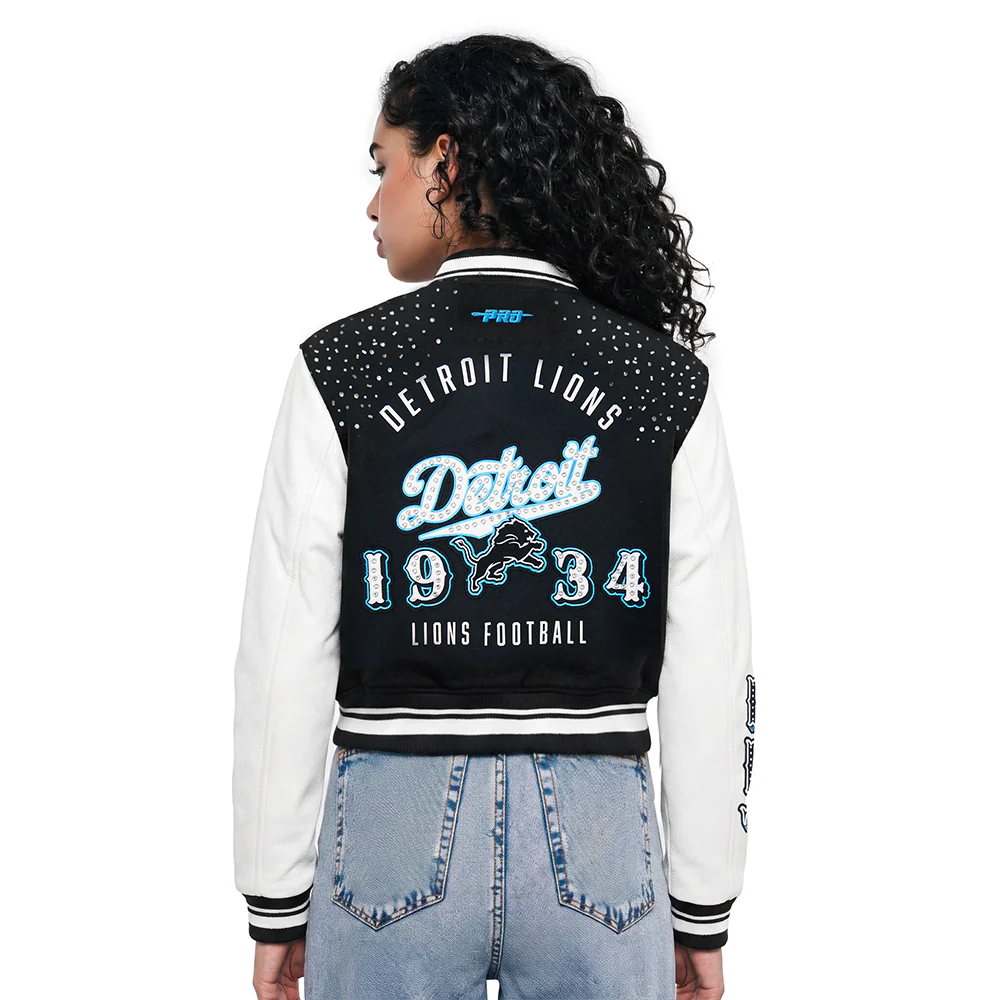 NFL DETROIT LIONS LEGACY WOMEN'S CROPPED RIB WOOL VARSITY JACKET (BLACK/WHITE) - Image 3