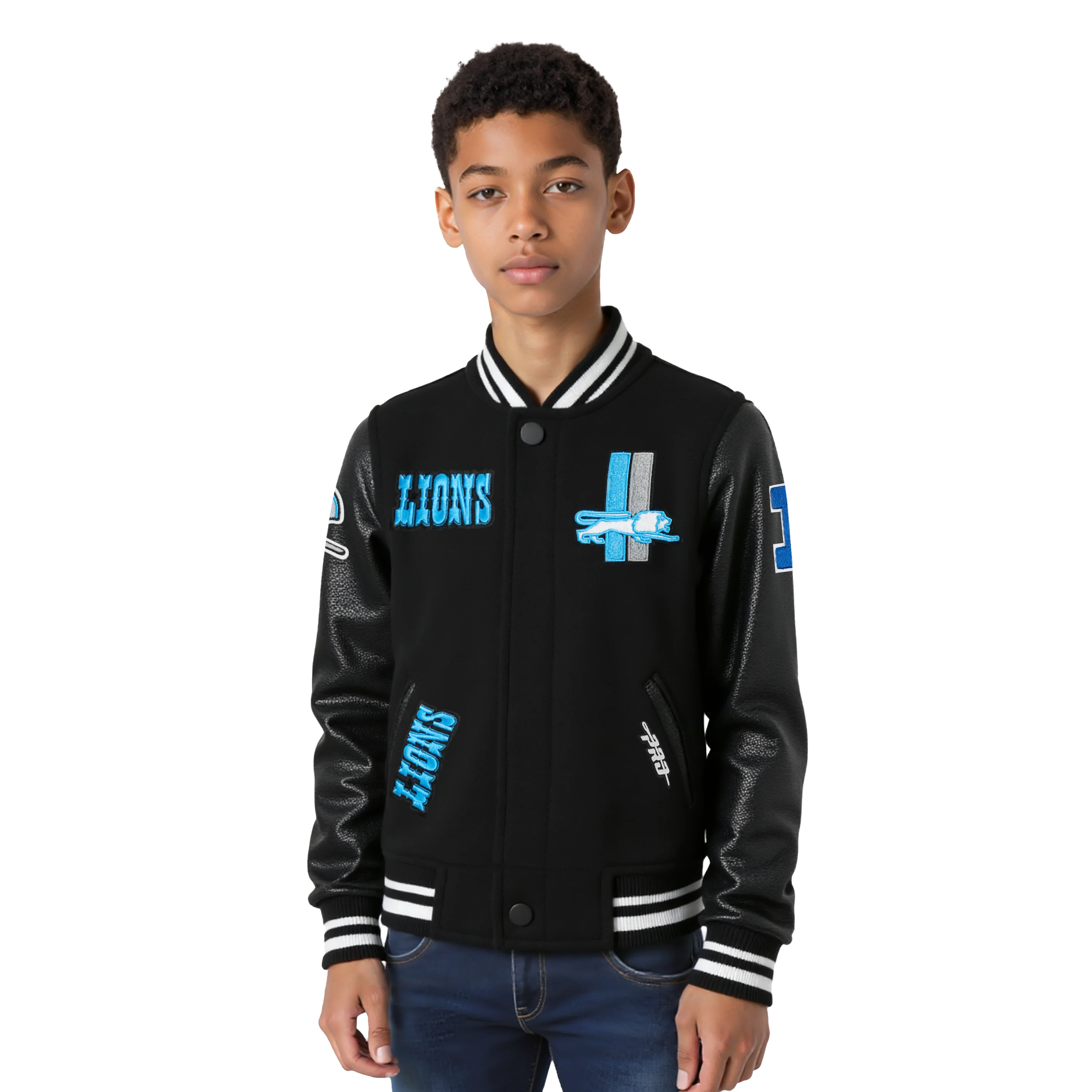 NFL DETROIT LIONS RETRO CLASSIC LITTLE BOYS RIB WOOL VARSITY JACKET (BLACK)
