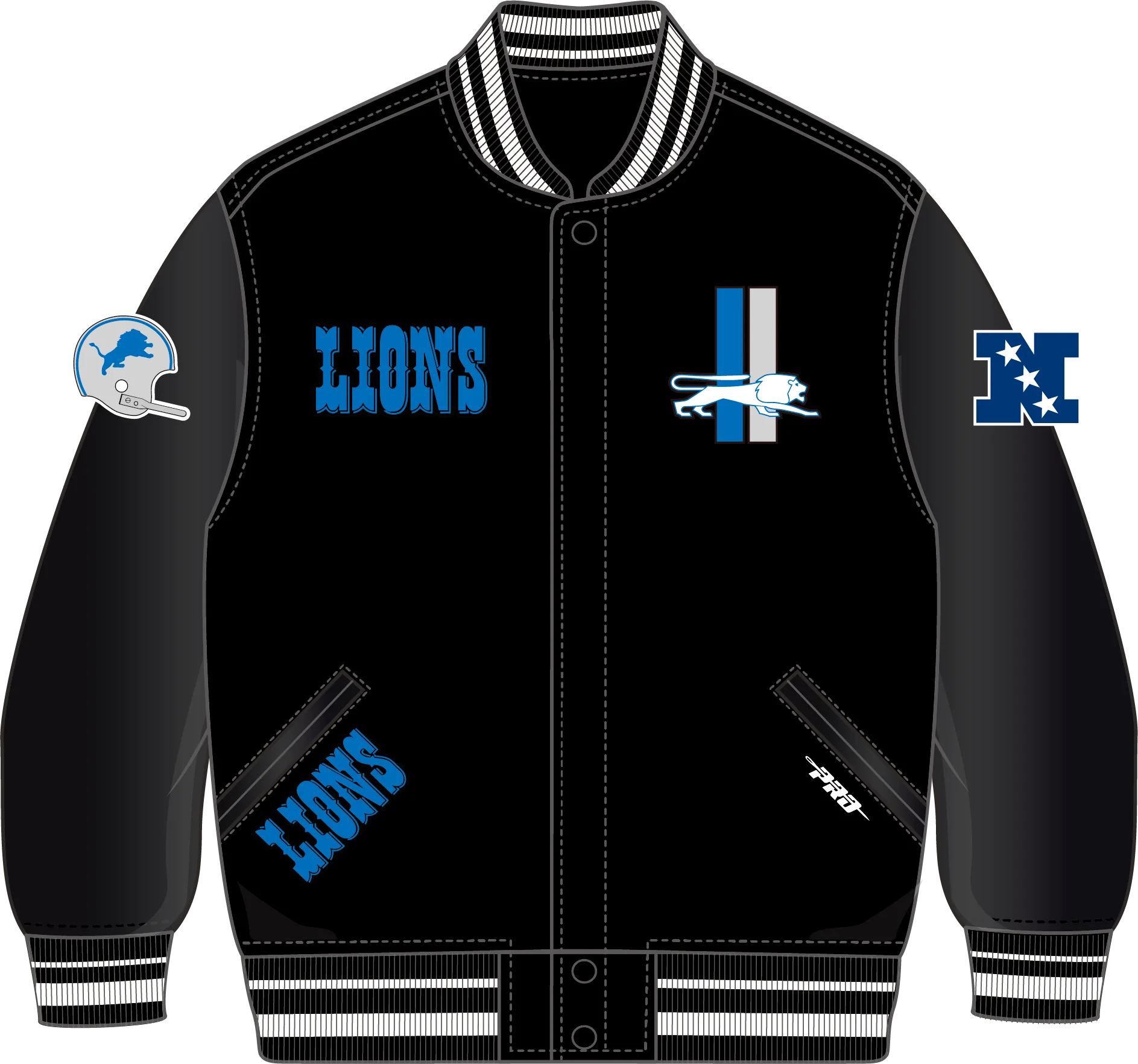 NFL DETROIT LIONS RETRO CLASSIC LITTLE BOYS RIB WOOL VARSITY JACKET (BLACK) - Image 12