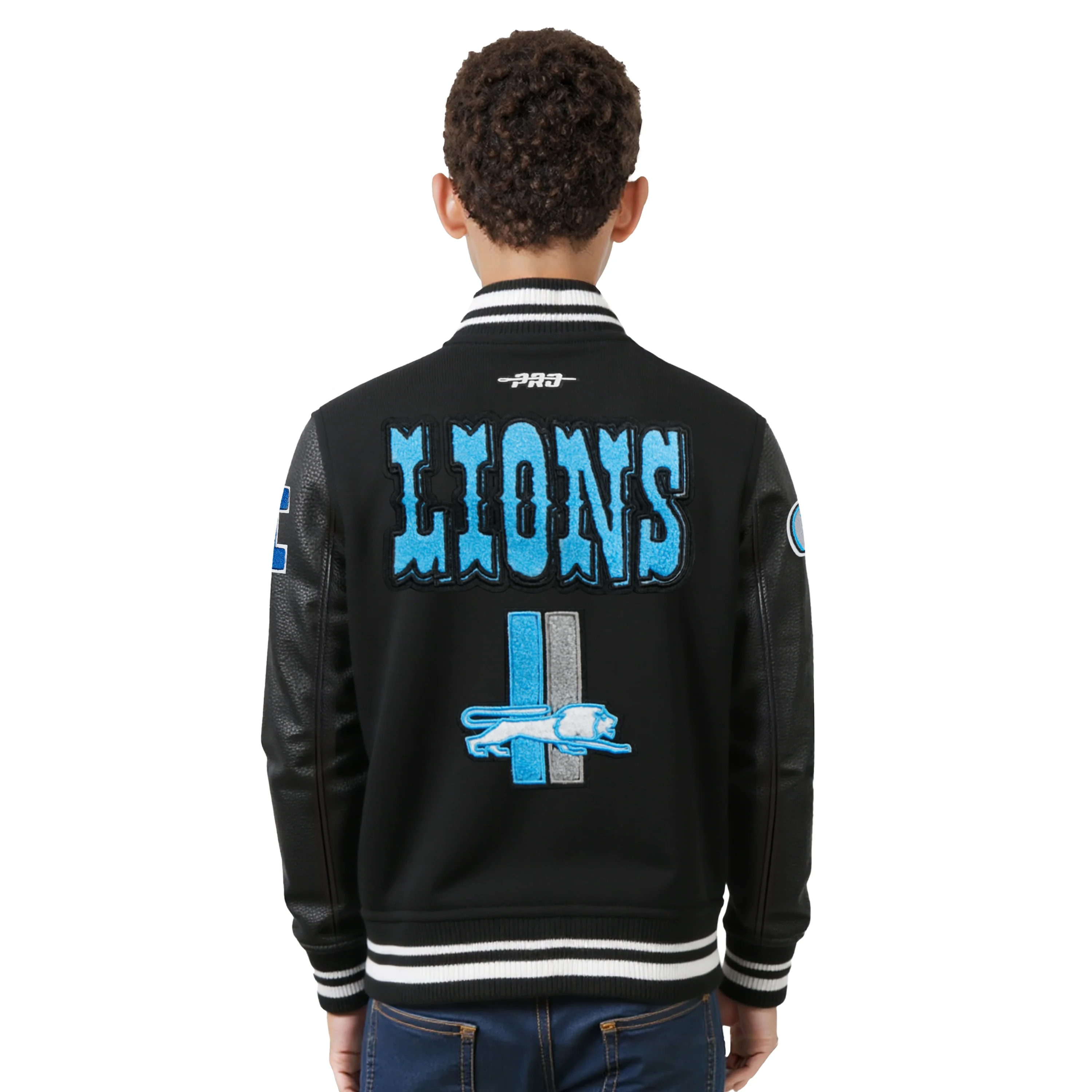 NFL DETROIT LIONS RETRO CLASSIC LITTLE BOYS RIB WOOL VARSITY JACKET (BLACK) - Image 2