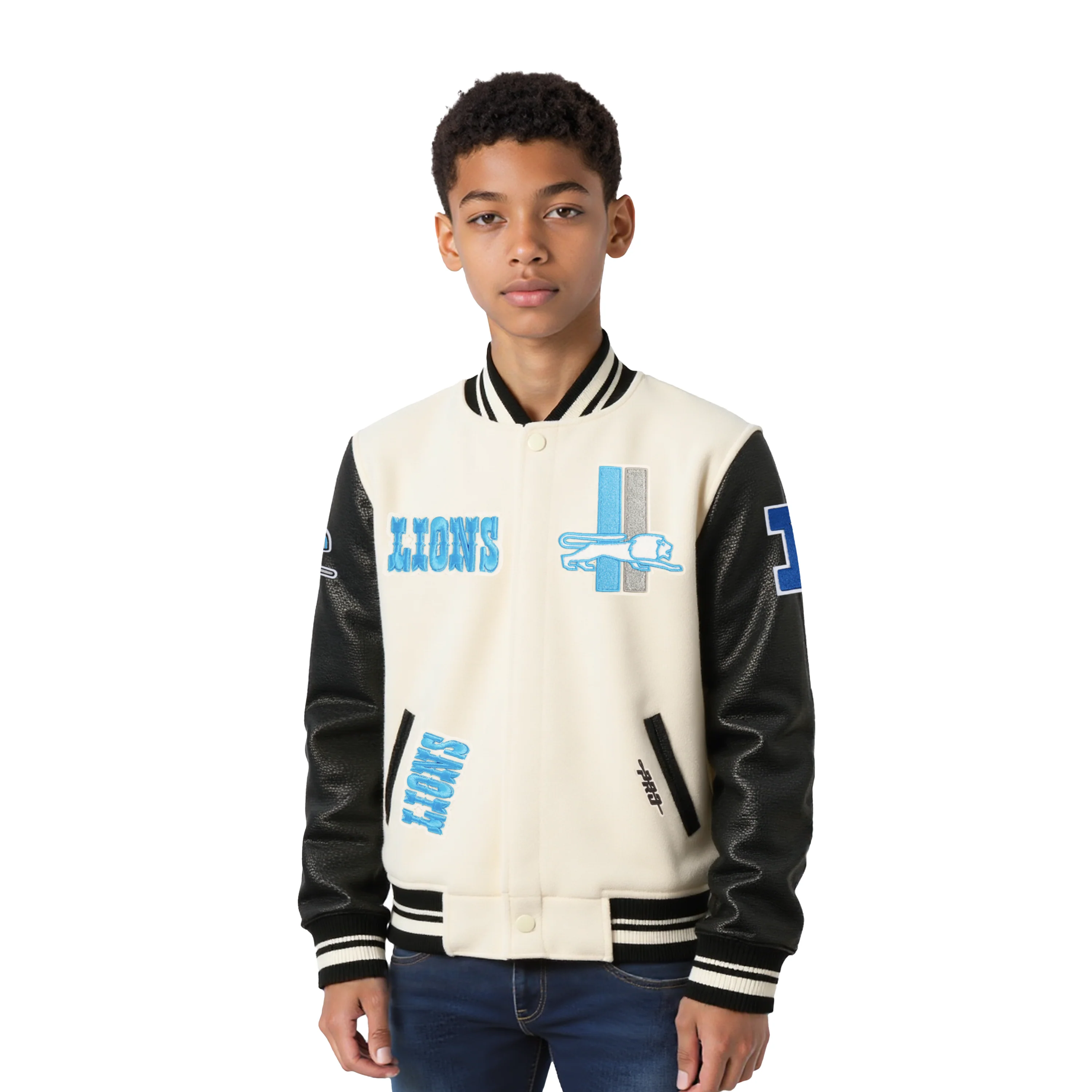 NFL DETROIT LIONS RETRO CLASSIC LITTLE BOYS RIB WOOL VARSITY JACKET (EGGSHELL/ BLACK)