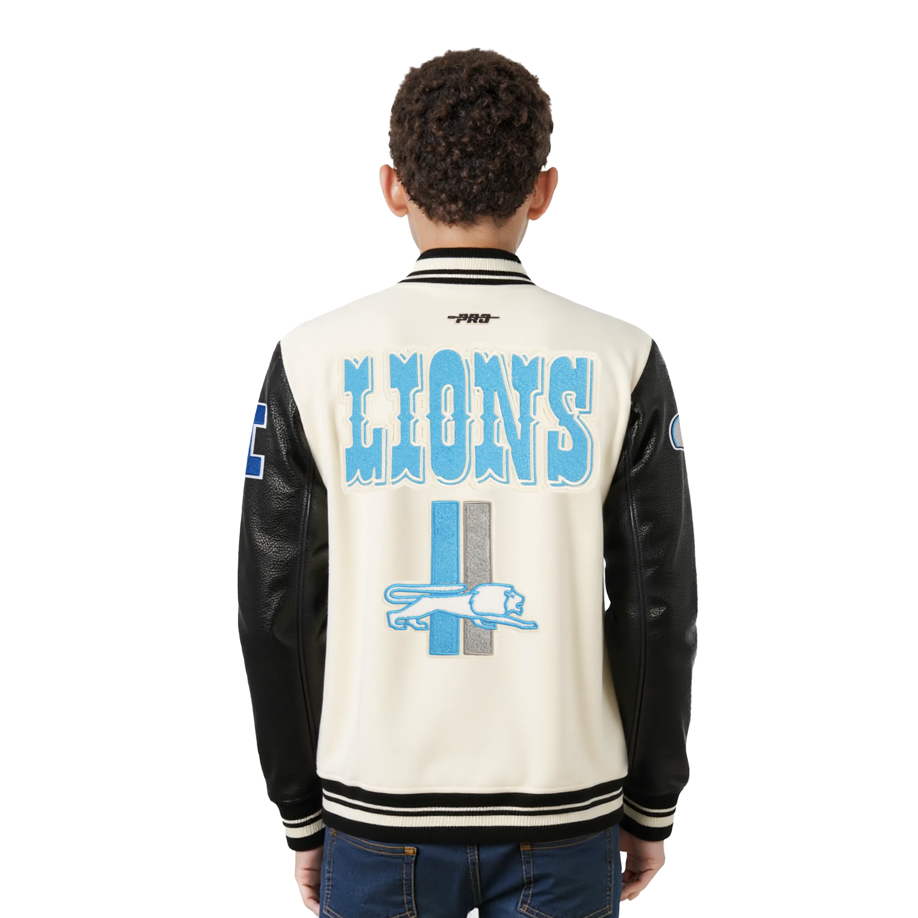 NFL DETROIT LIONS RETRO CLASSIC LITTLE BOYS RIB WOOL VARSITY JACKET (EGGSHELL/ BLACK) - Image 2