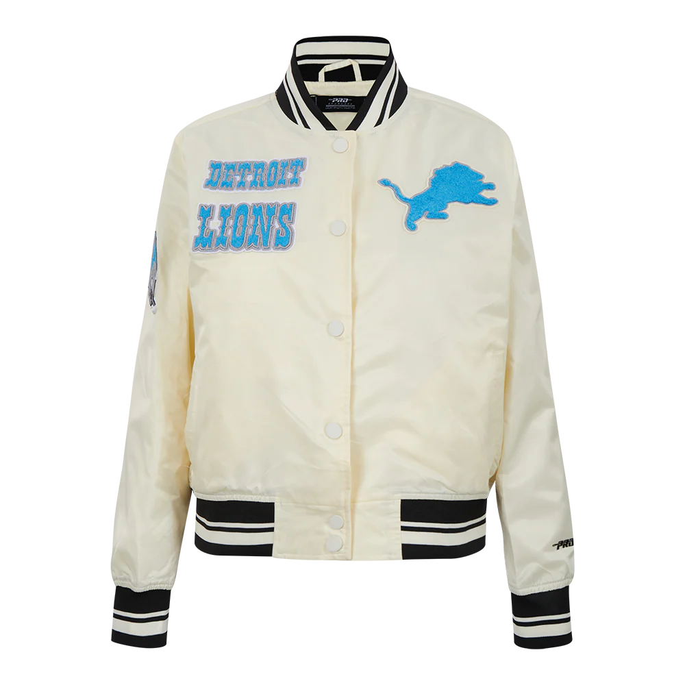 NFL DETROIT LIONS RETRO CLASSIC WOMEN'S RIB SATIN JACKET (EGGSHELL/ BLACK) - Image 9