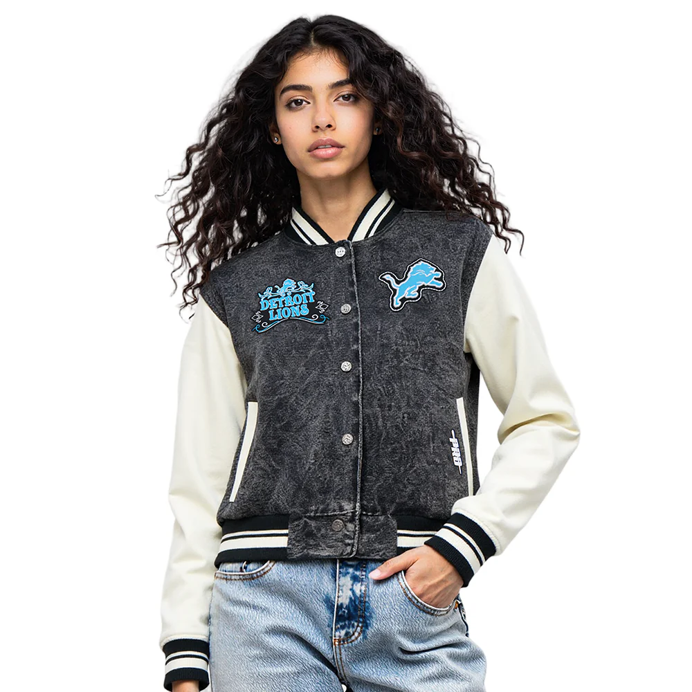 NFL DETROIT LIONS REBEL ATHLETICS WOMEN'S DENIM JACKET (WASHED BLACK/EGGSHELL) - Image 8