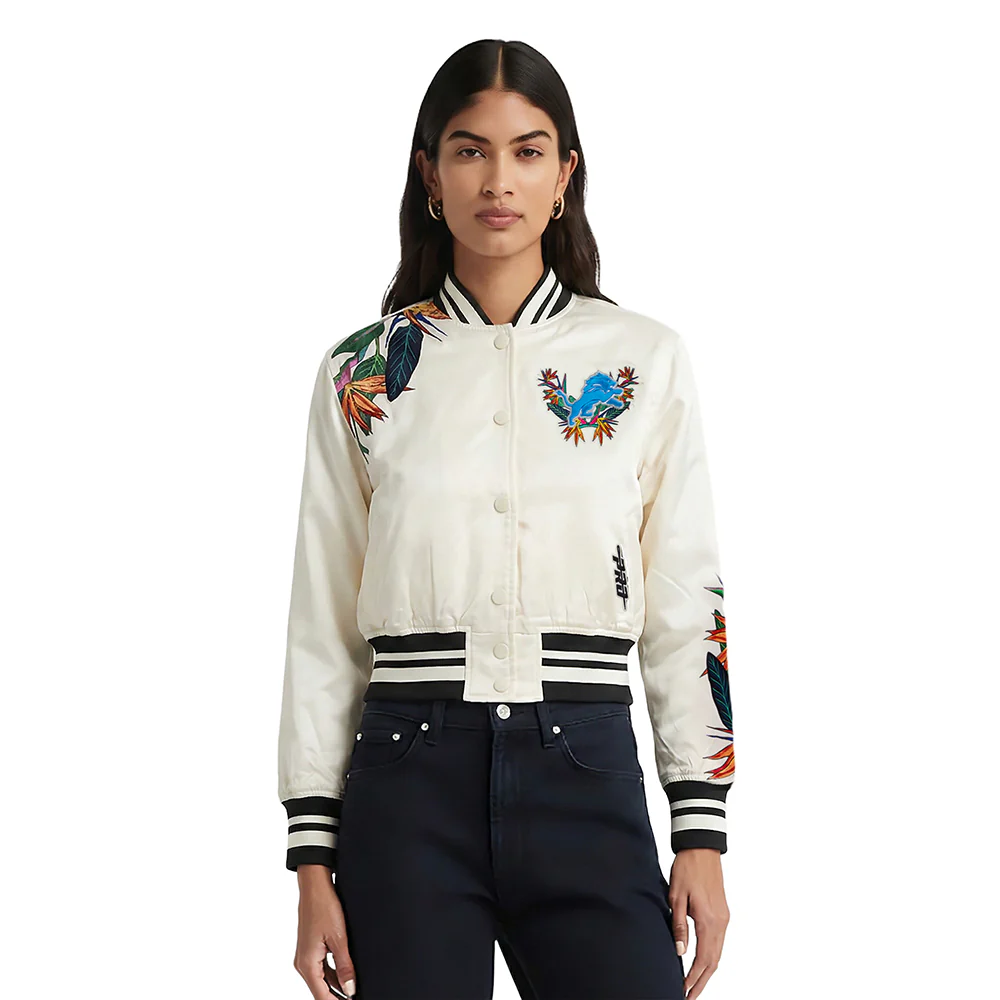 NFL DETROIT LIONS PARADISE WOMEN'S SATIN JACKET (EGGSHELL/ BLACK)