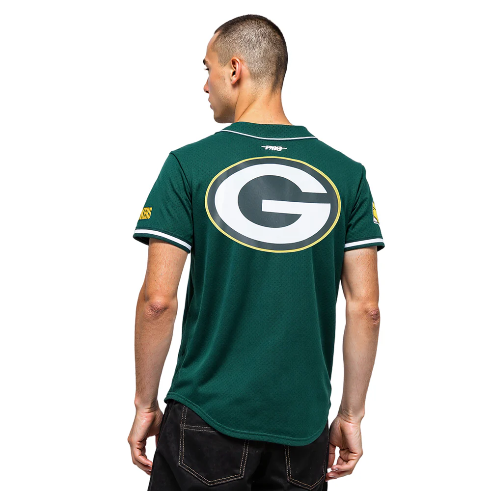 NFL GREEN BAY PACKERS SCRIPT TAIL MEN'S MESH BUTTON DOWN SHIRT (FOREST GREEN) - Image 2