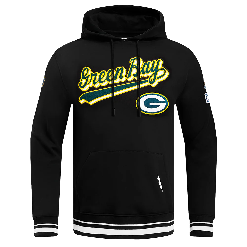 NFL GREEN BAY PACKERS SCRIPT TAIL MEN'S RIB FLC PO HOODIE (BLACK) - Image 5