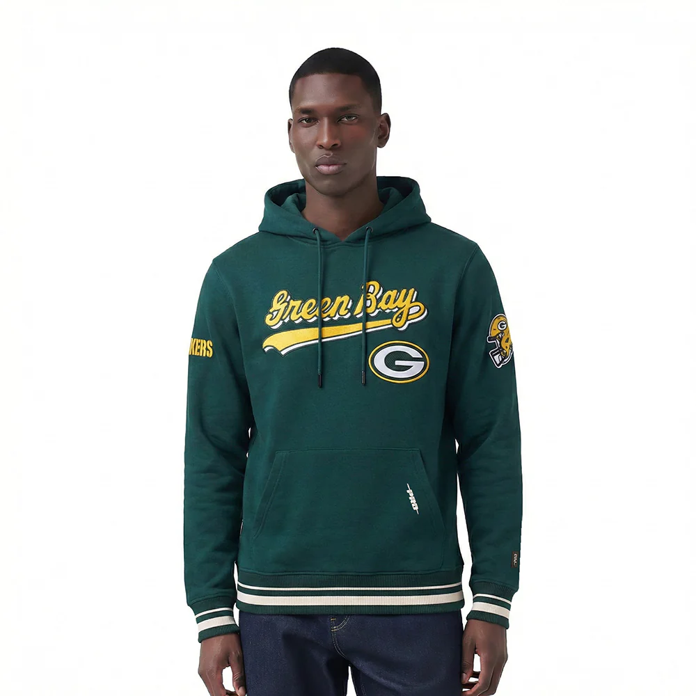 NFL GREEN BAY PACKERS SCRIPT TAIL MEN'S RIB FLC PO HOODIE (FOREST GREEN)