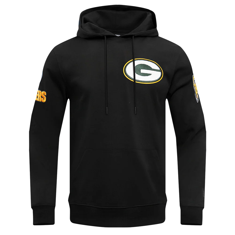 NFL GREEN BAY PACKERS CLASSIC CHENILLE MEN'S DOUBLE KNIT PULLOVER HOODIE (BLACK)