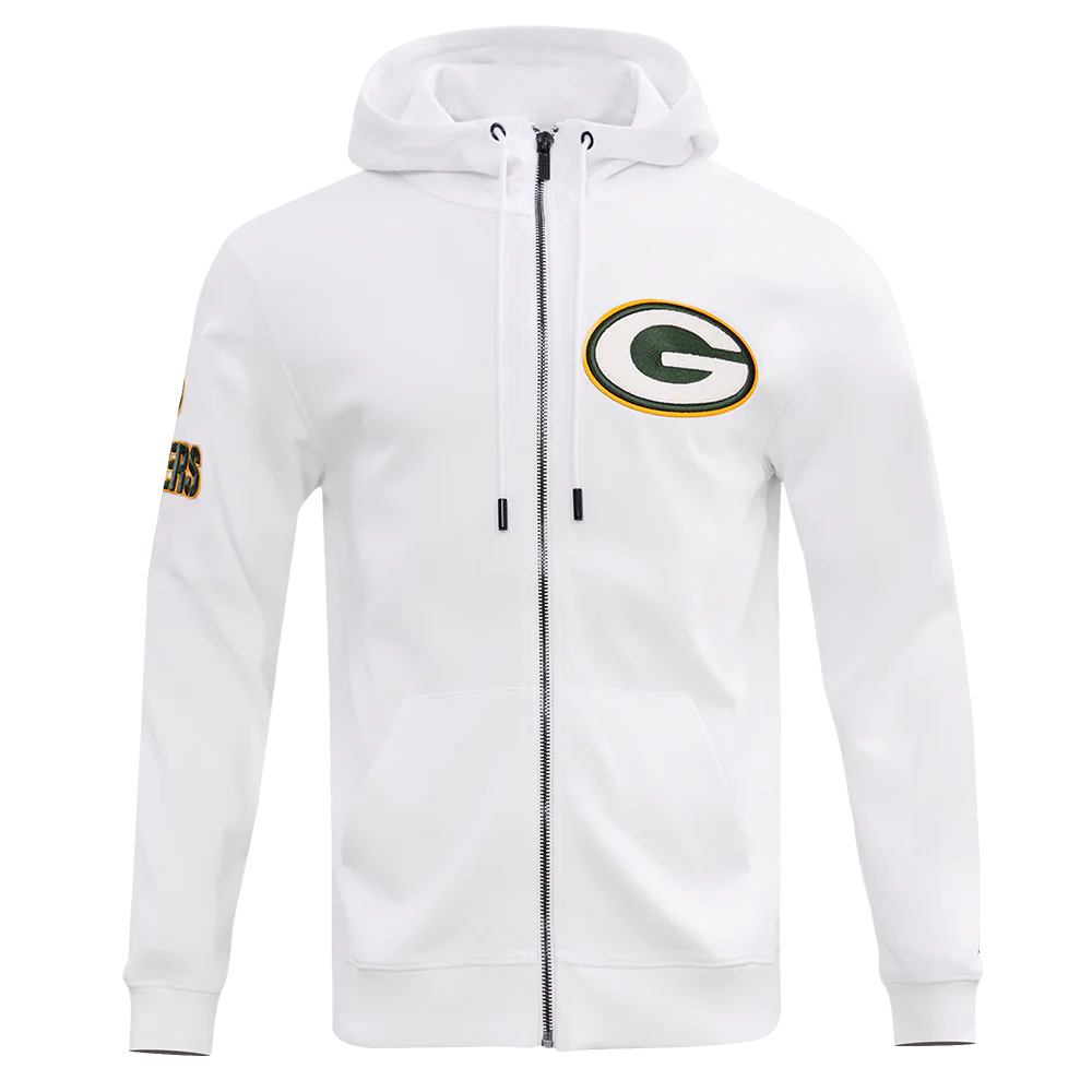 NFL GREEN BAY PACKERS CLASSIC CHENILLE DOUBLE KNIT FULL ZIP HOODIE (WHITE)