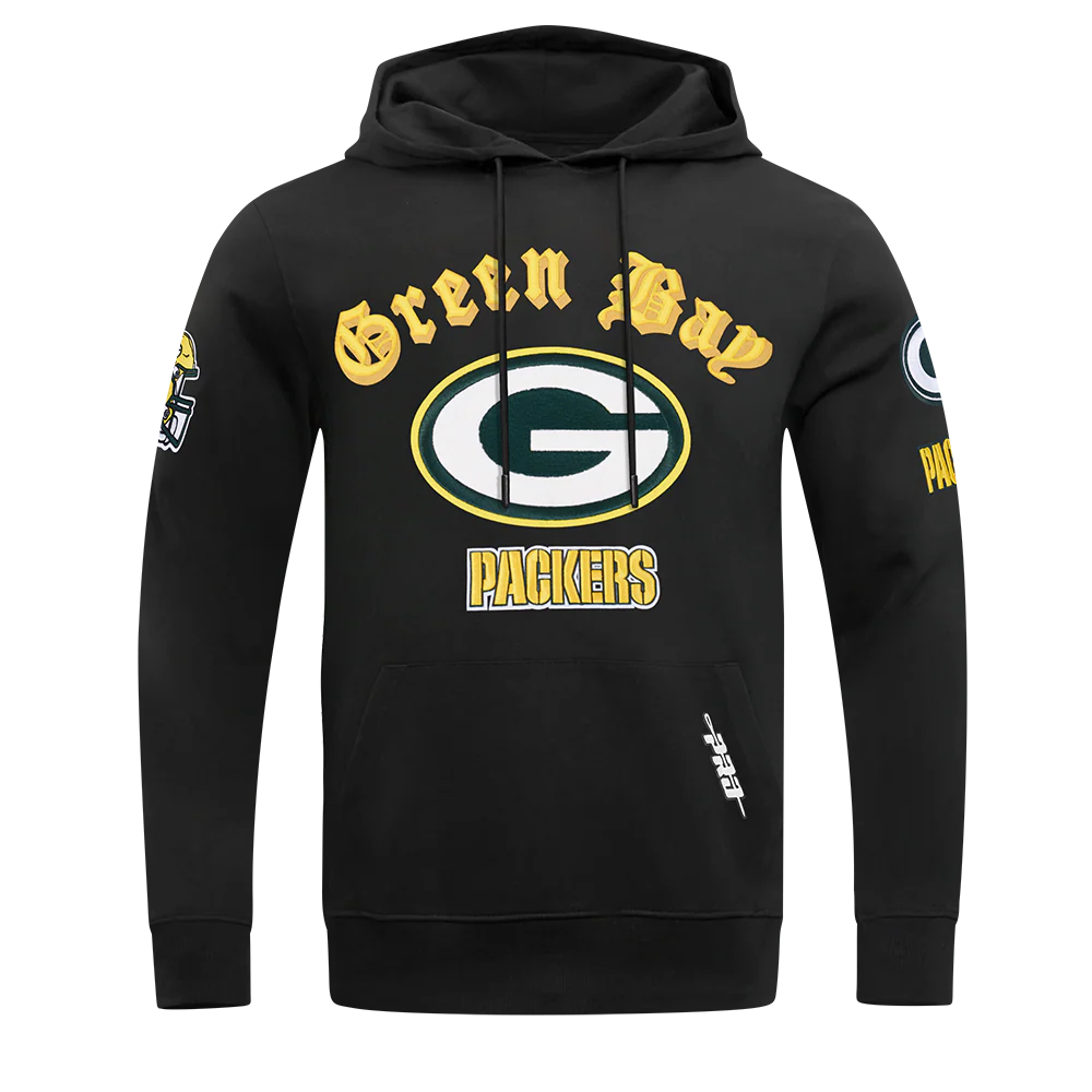 NFL GREEN BAY PACKERS OLD ENGLISH MEN'S PO HOODIE (BLACK)