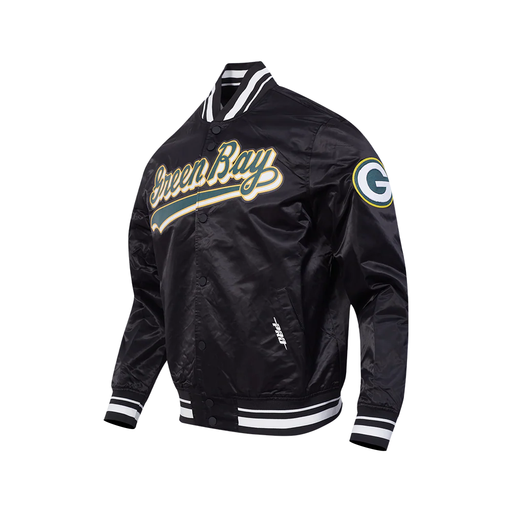 NFL GREEN BAY PACKERS SCRIPT TAIL MEN'S SATIN JACKET (BLACK) - Image 2