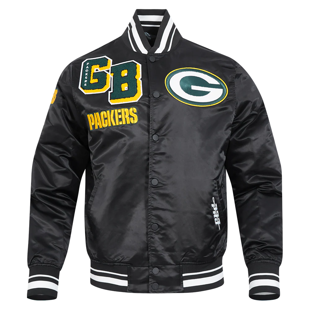 NFL GREEN BAY PACKERS MASHUP MEN'S RIB SATIN JACKET (BLACK)