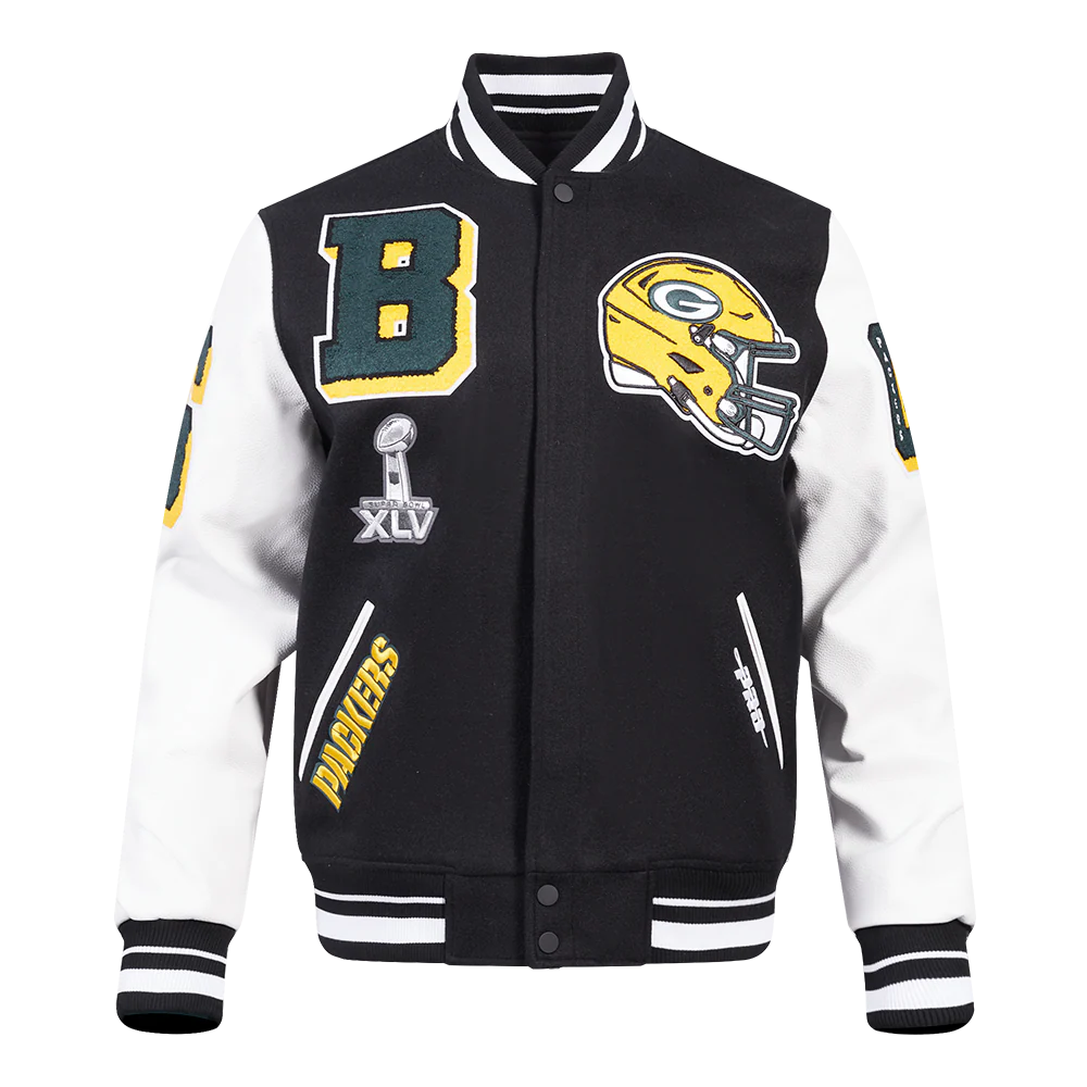 NFL GREEN BAY PACKERS MASHUP MEN'S RIB WOOL VARSITY JACKET (BLACK/WHITE)