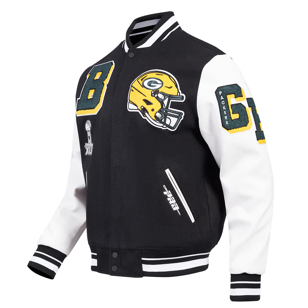 NFL GREEN BAY PACKERS MASHUP MEN'S RIB WOOL VARSITY JACKET (BLACK/WHITE) - Image 2