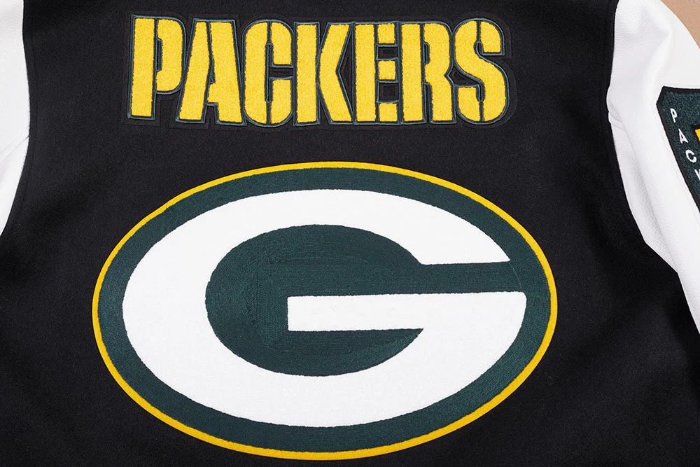NFL GREEN BAY PACKERS MASHUP MEN'S RIB WOOL VARSITY JACKET (BLACK/WHITE) - Image 8