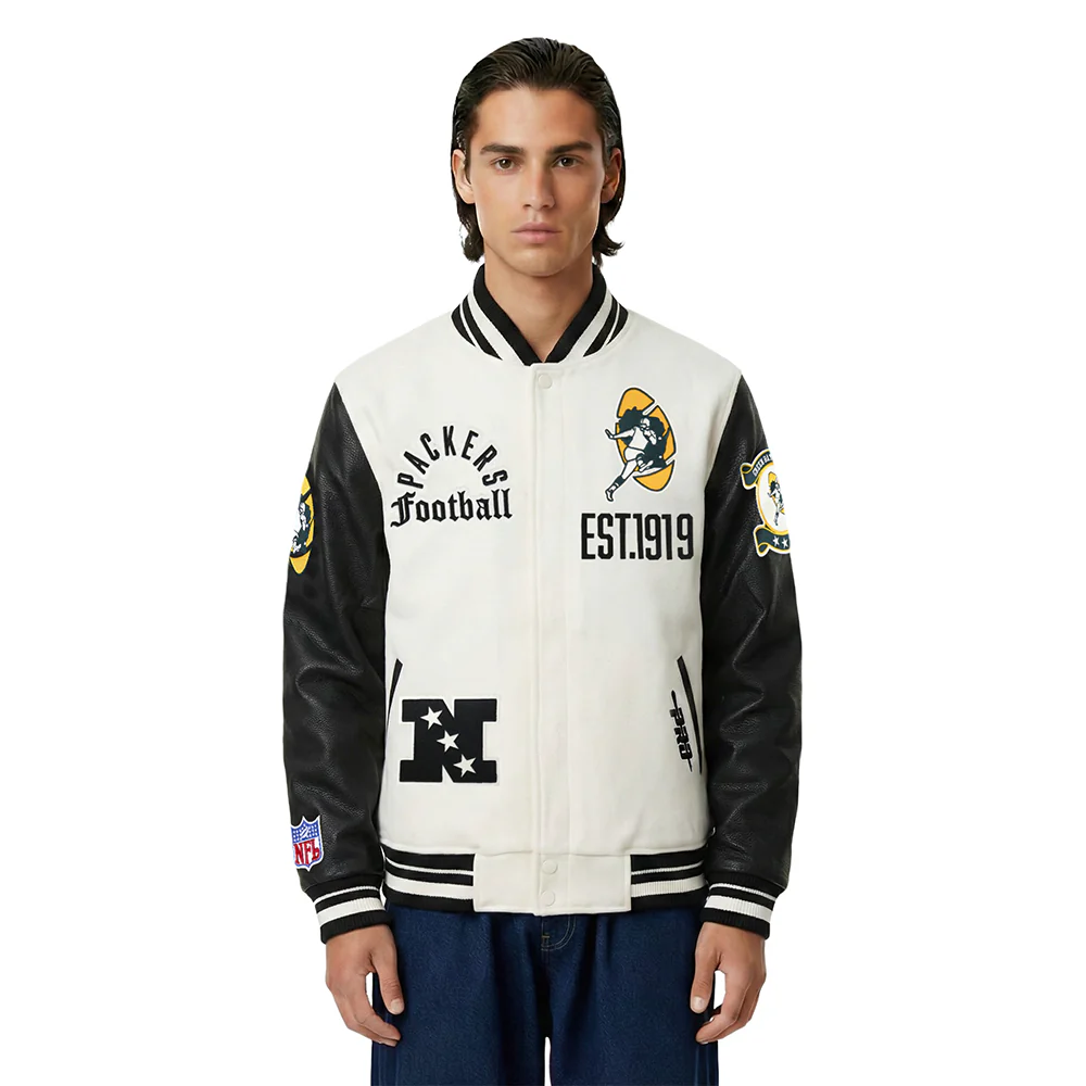 NFL GREEN BAY PACKERS MODERN ORIGINALS MEN'S RIB WOOL VARSITY JACKET (EGGSHELL/ BLACK)