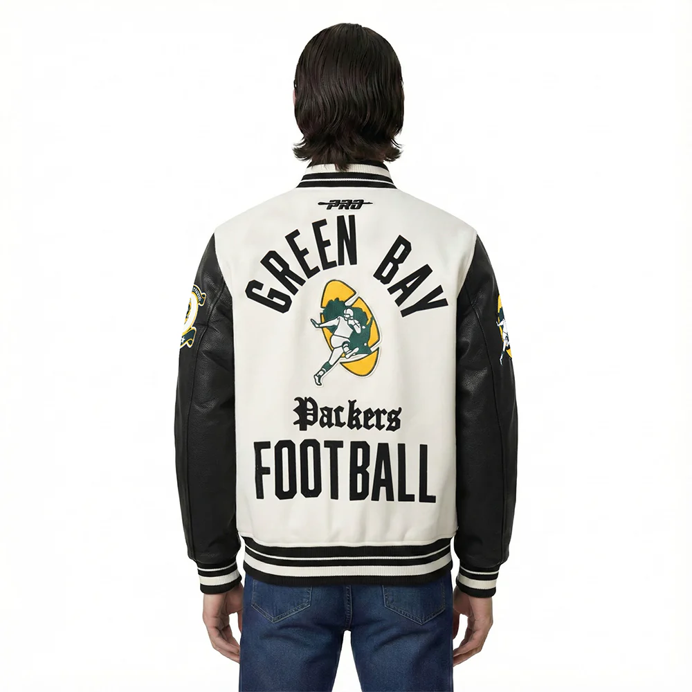 NFL GREEN BAY PACKERS MODERN ORIGINALS MEN'S RIB WOOL VARSITY JACKET (EGGSHELL/ BLACK) - Image 2
