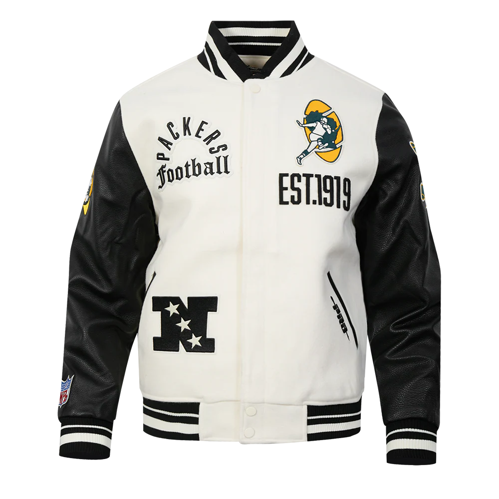 NFL GREEN BAY PACKERS MODERN ORIGINALS MEN'S RIB WOOL VARSITY JACKET (EGGSHELL/ BLACK) - Image 3
