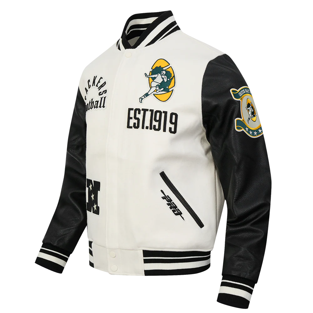 NFL GREEN BAY PACKERS MODERN ORIGINALS MEN'S RIB WOOL VARSITY JACKET (EGGSHELL/ BLACK) - Image 4