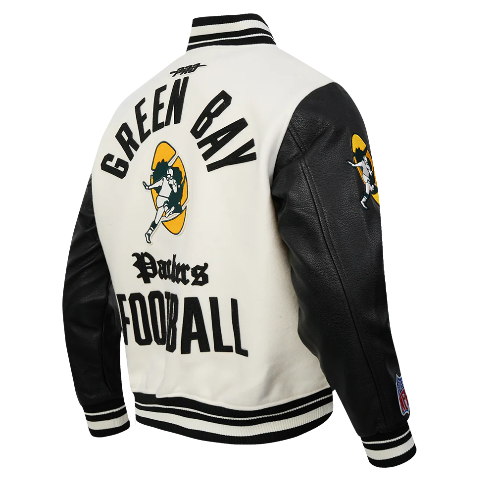NFL GREEN BAY PACKERS MODERN ORIGINALS MEN'S RIB WOOL VARSITY JACKET (EGGSHELL/ BLACK) - Image 6