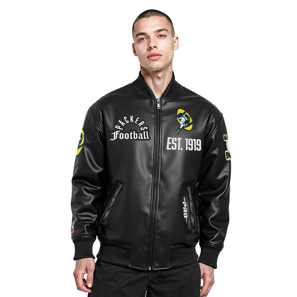 NFL GREEN BAY PACKERS MODERN ORIGINALS MEN'S LEATHER VARSITY JACKET (JET BLACK)