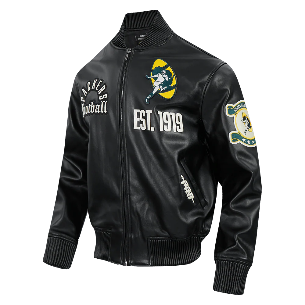 NFL GREEN BAY PACKERS MODERN ORIGINALS MEN'S LEATHER VARSITY JACKET (JET BLACK) - Image 3