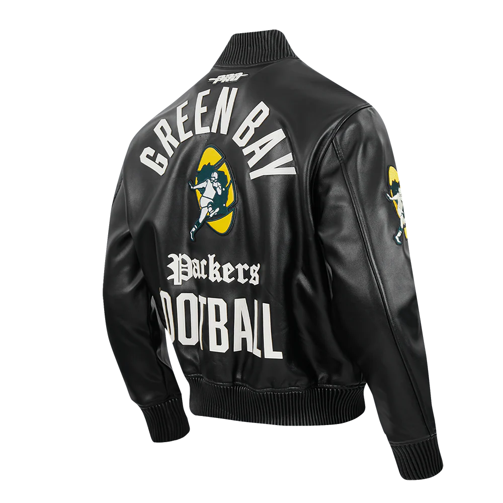 NFL GREEN BAY PACKERS MODERN ORIGINALS MEN'S LEATHER VARSITY JACKET (JET BLACK) - Image 4