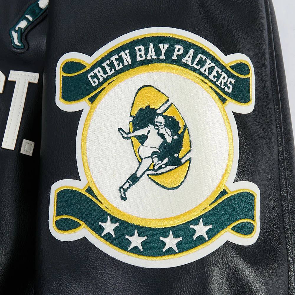 NFL GREEN BAY PACKERS MODERN ORIGINALS MEN'S LEATHER VARSITY JACKET (JET BLACK) - Image 5