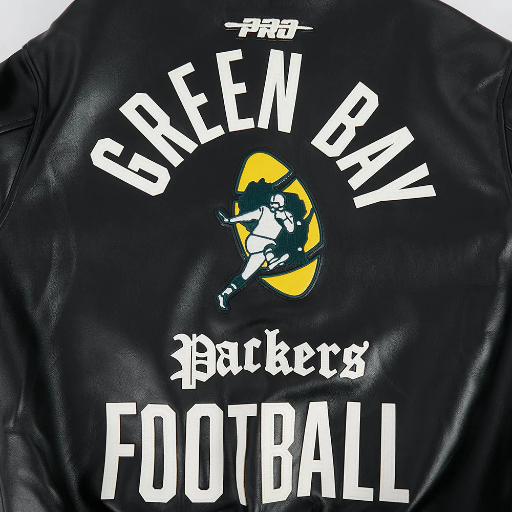 NFL GREEN BAY PACKERS MODERN ORIGINALS MEN'S LEATHER VARSITY JACKET (JET BLACK) - Image 9