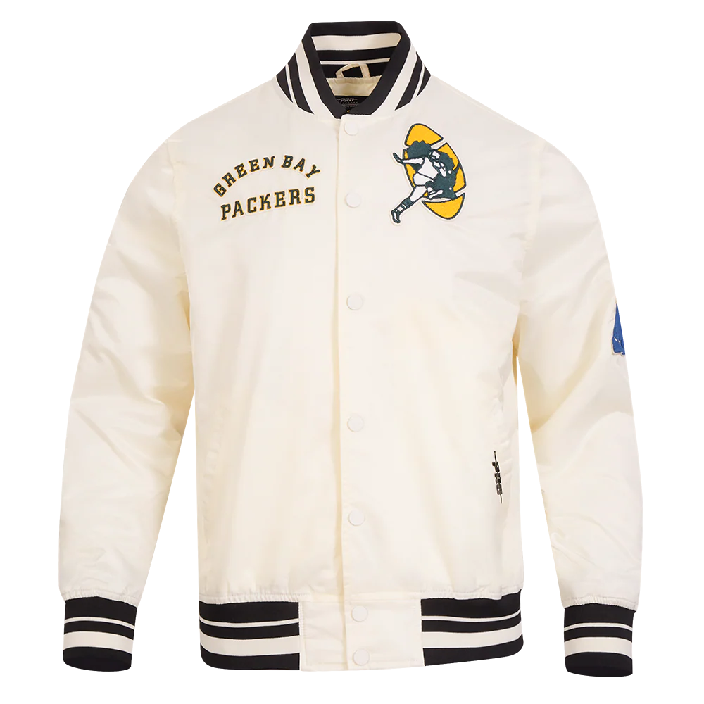 NFL GREEN BAY PACKERS RETRO CLASSIC MEN'S RIB SATIN JACKET (EGGSHELL/ BLACK)