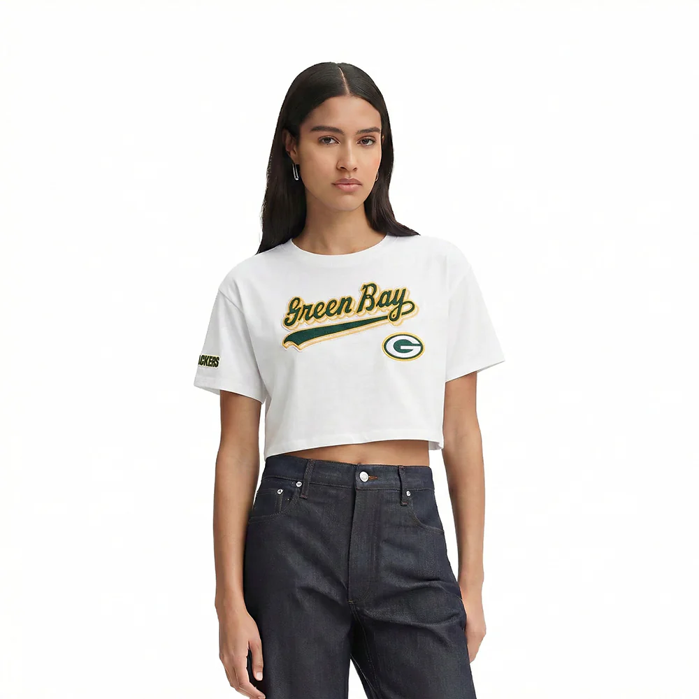 NFL GREEN BAY PACKERS SCRIPT TAIL WOMEN'S SJ BOXY TEE (WHITE)