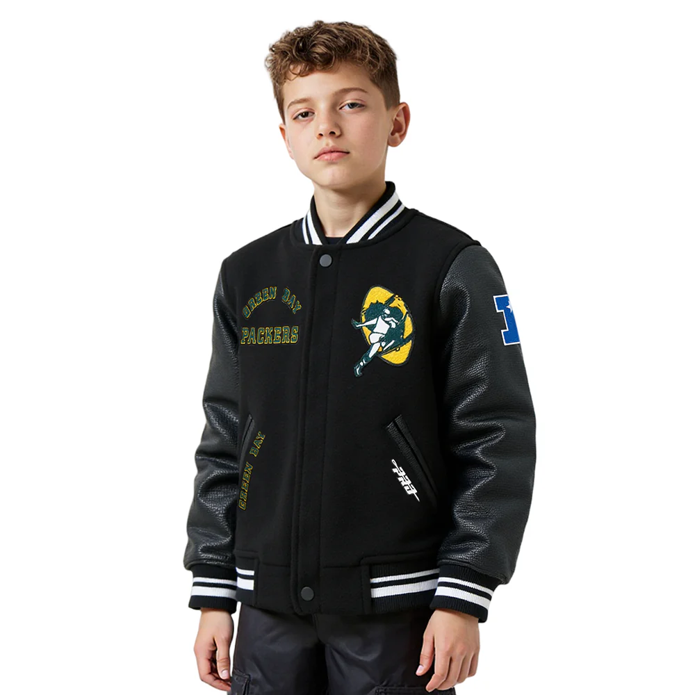 NFL GREEN BAY PACKERS RETRO CLASSIC BIG BOYS RIB WOOL VARSITY JACKET (BLACK)