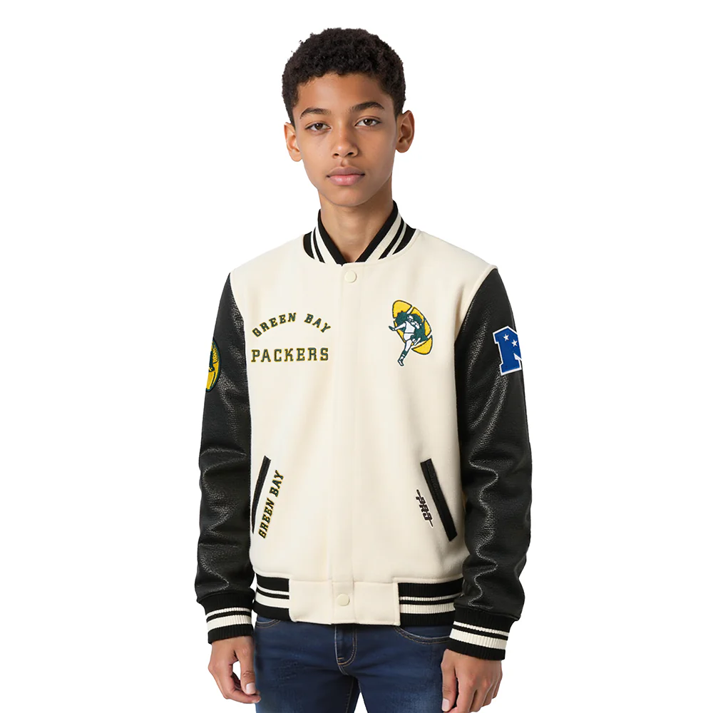 NFL GREEN BAY PACKERS RETRO CLASSIC BIG BOY'S RIB WOOL VARSITY JACKET (EGGSHELL/ BLACK)