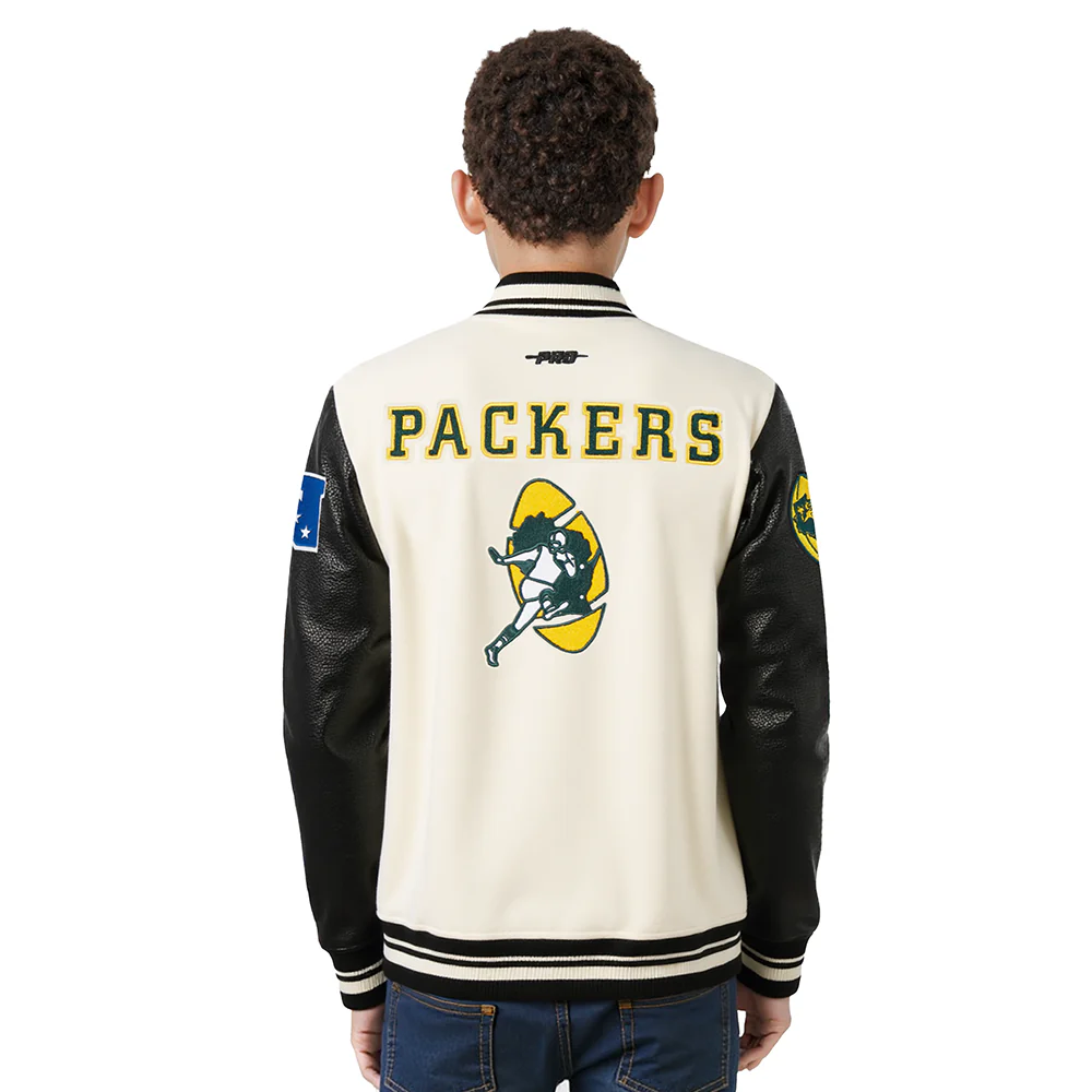 NFL GREEN BAY PACKERS RETRO CLASSIC BIG BOY'S RIB WOOL VARSITY JACKET (EGGSHELL/ BLACK) - Image 2