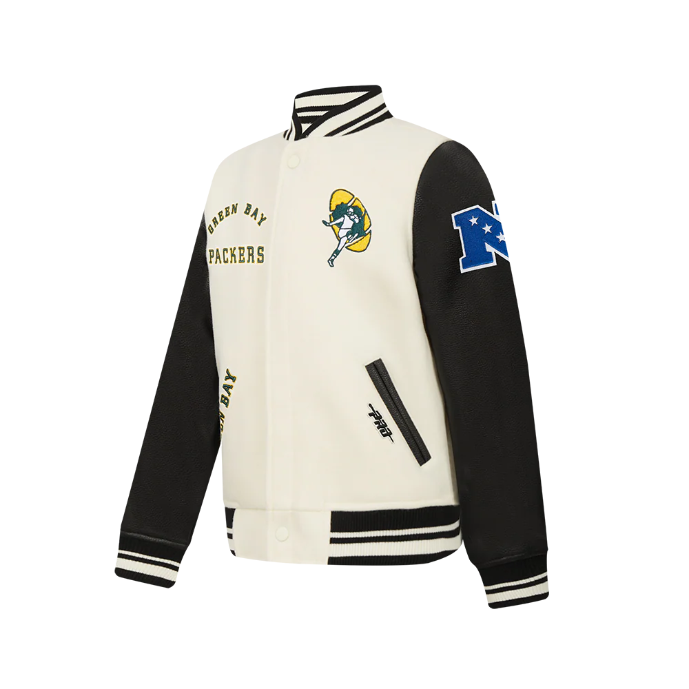 NFL GREEN BAY PACKERS RETRO CLASSIC BIG BOY'S RIB WOOL VARSITY JACKET (EGGSHELL/ BLACK) - Image 3