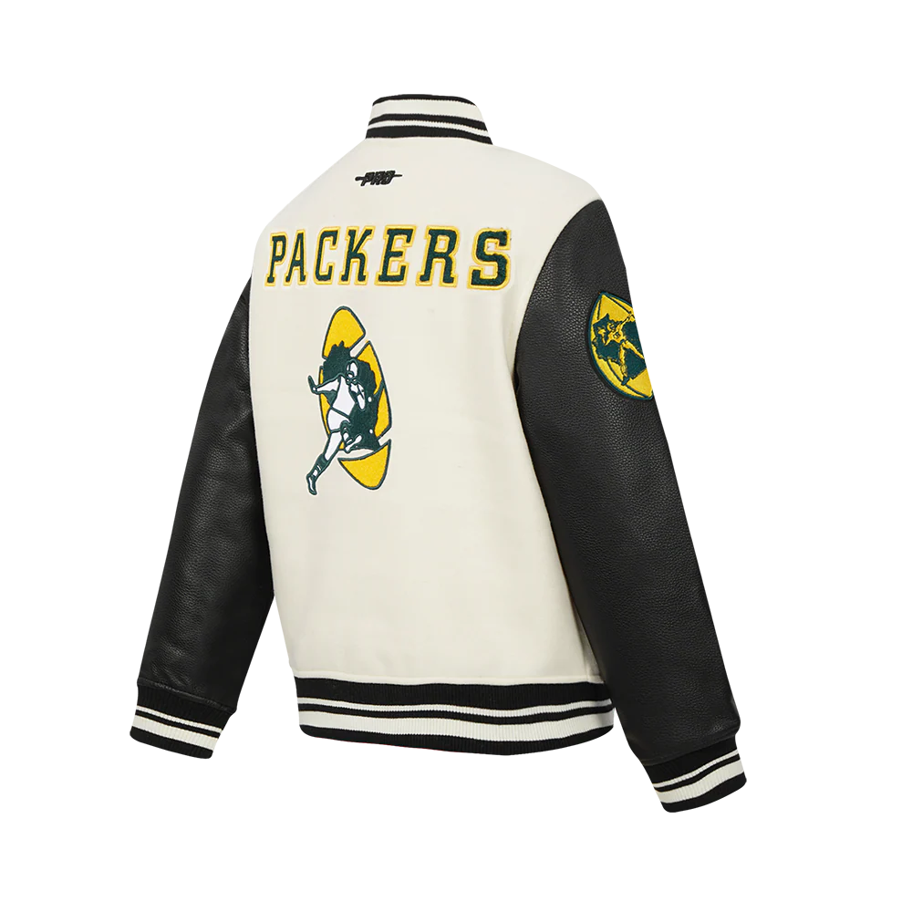 NFL GREEN BAY PACKERS RETRO CLASSIC BIG BOY'S RIB WOOL VARSITY JACKET (EGGSHELL/ BLACK) - Image 4