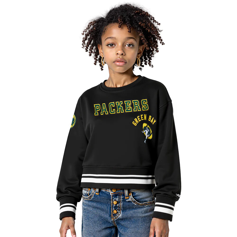 NFL GREEN BAY PACKERS RETRO CLASSIC BIG GIRLS RIB FLEECE CREWNECK (BLACK)