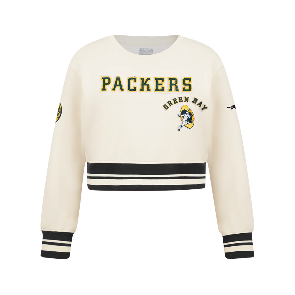 NFL GREEN BAY PACKERS RETRO CLASSIC BIG GIRL'S RIB FLC CREWNECK (EGGSHELL/ BLACK)
