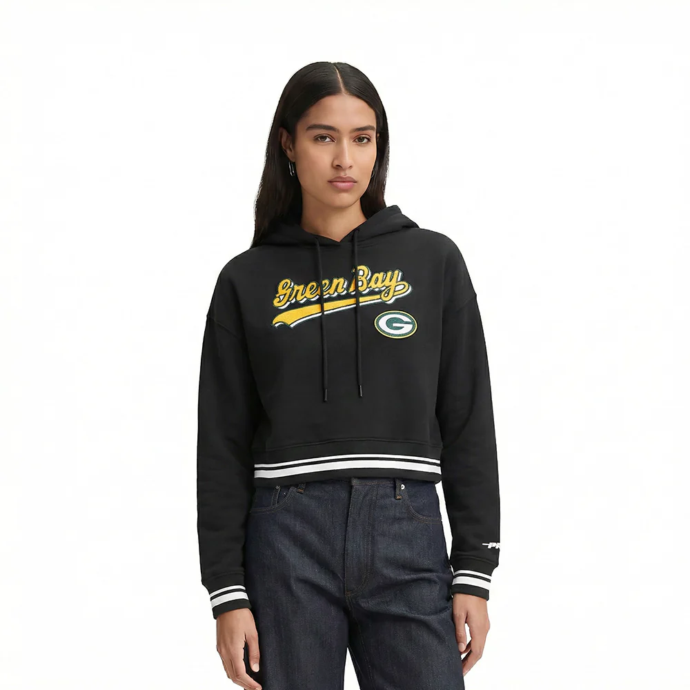 NFL GREEN BAY PACKERS SCRIPT TAIL WOMEN'S RIB FLC CROPPED PO HOODIE (BLACK)