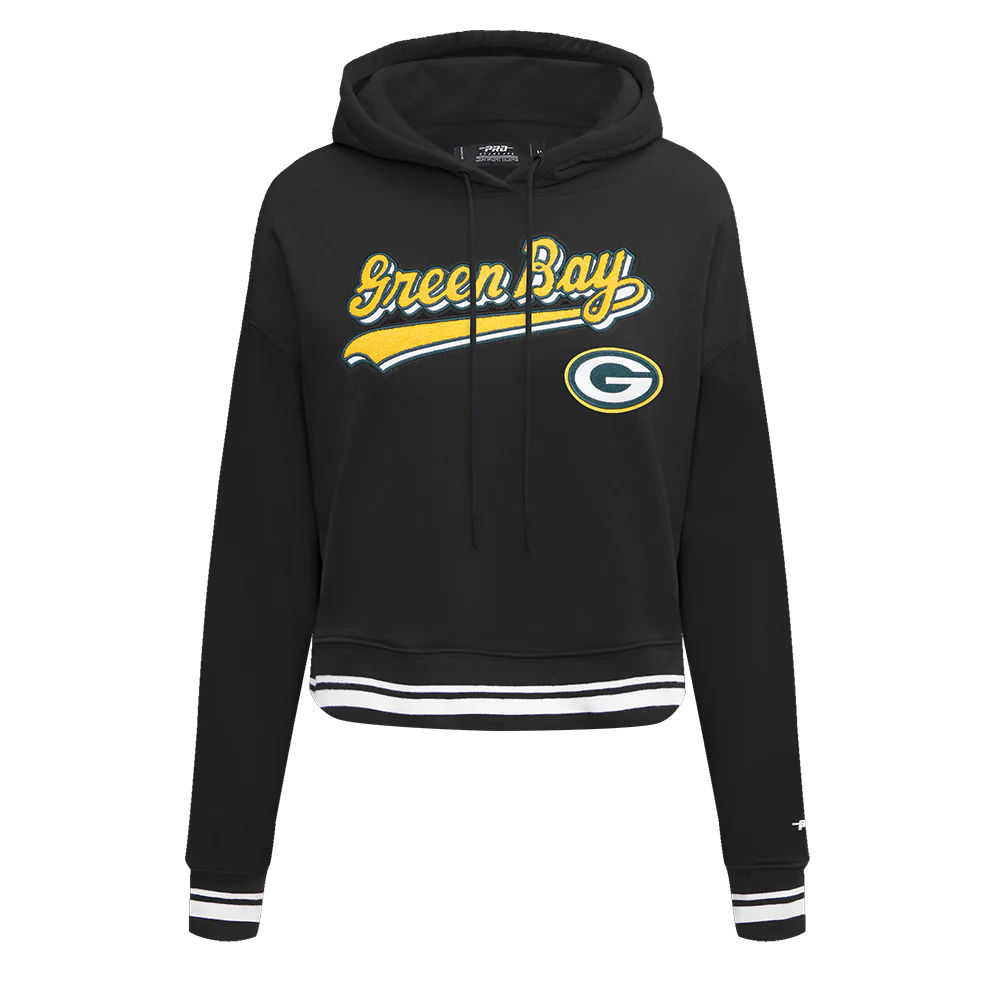 NFL GREEN BAY PACKERS SCRIPT TAIL WOMEN'S RIB FLC CROPPED PO HOODIE (BLACK) - Image 3