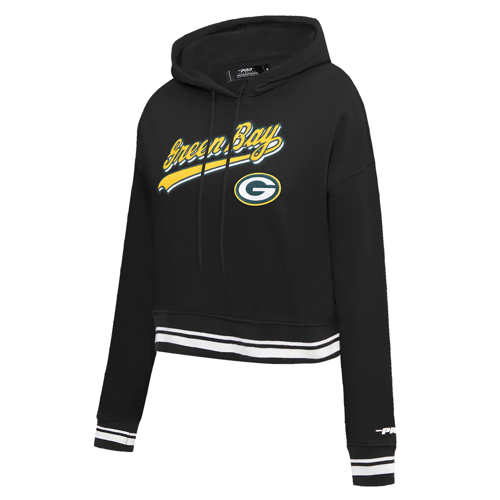 NFL GREEN BAY PACKERS SCRIPT TAIL WOMEN'S RIB FLC CROPPED PO HOODIE (BLACK) - Image 4